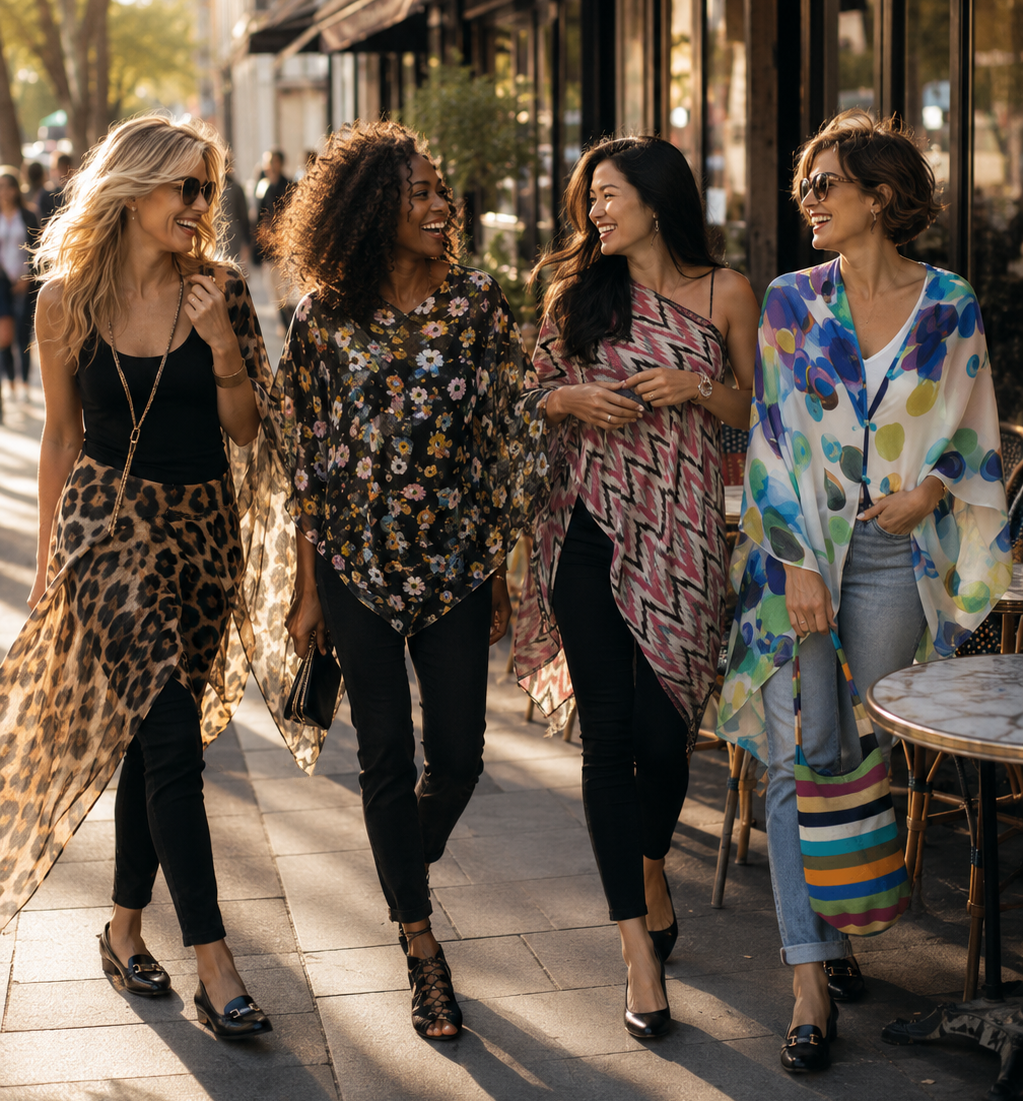 Four women walking and laughing on a sunlit city sidewalk, each wearing a different stylish, colorful outfit including leopard print, floral, geometric, and watercolor patterns.