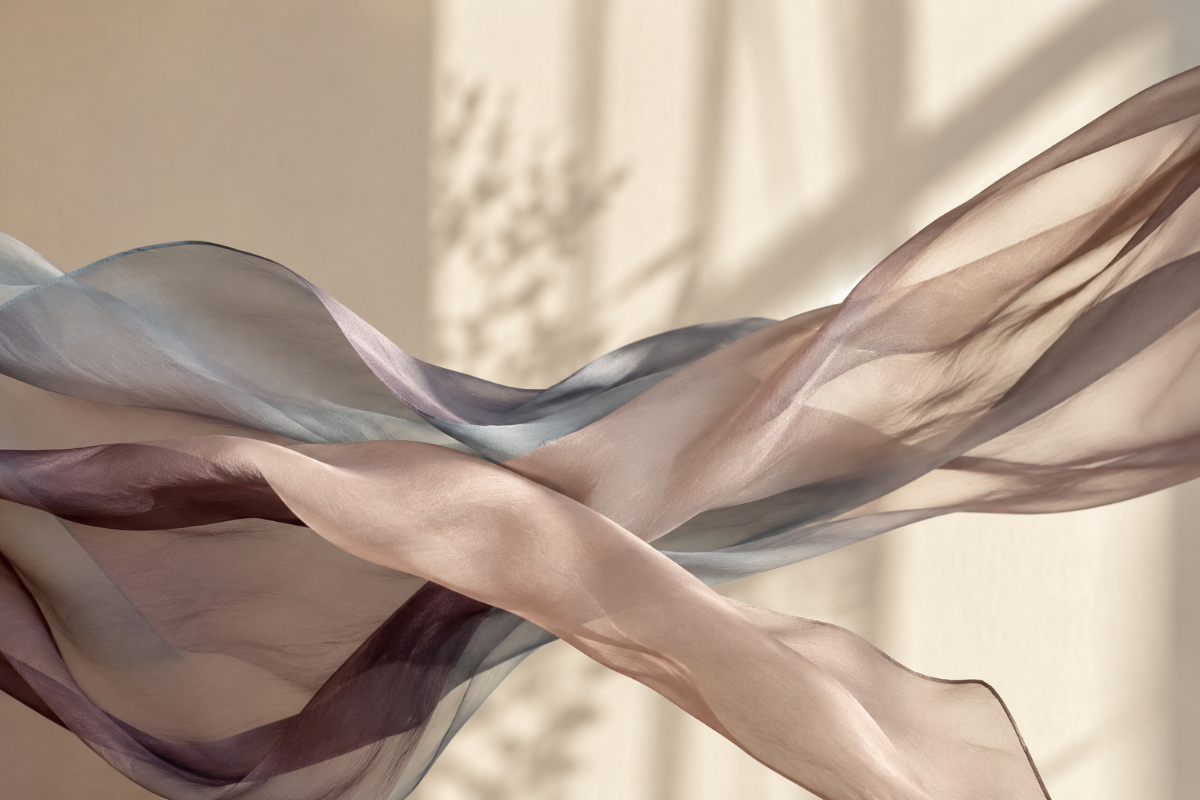 Silky fabric flowing in the wind against a neutral background