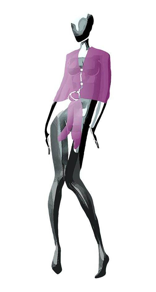 Sketch of highly stylized mannequin wearing a purple LuLuWrap  demonstrating one of the many ways  to style it, on a white background