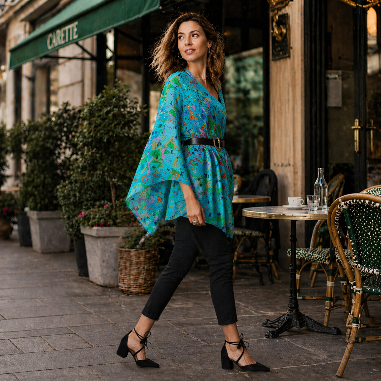 Woman in a colorful silk Jazz LuLuWrap, walking Into an outdoor cafe.