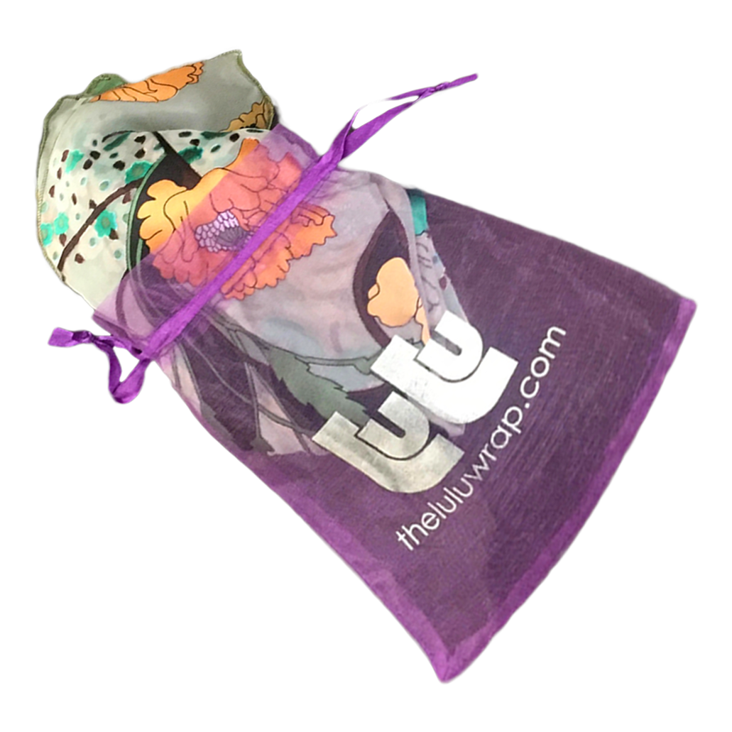 Lavender organza pouch with floral LuLuwrap packed inside it  'thelululwrap.com' branding on a white background