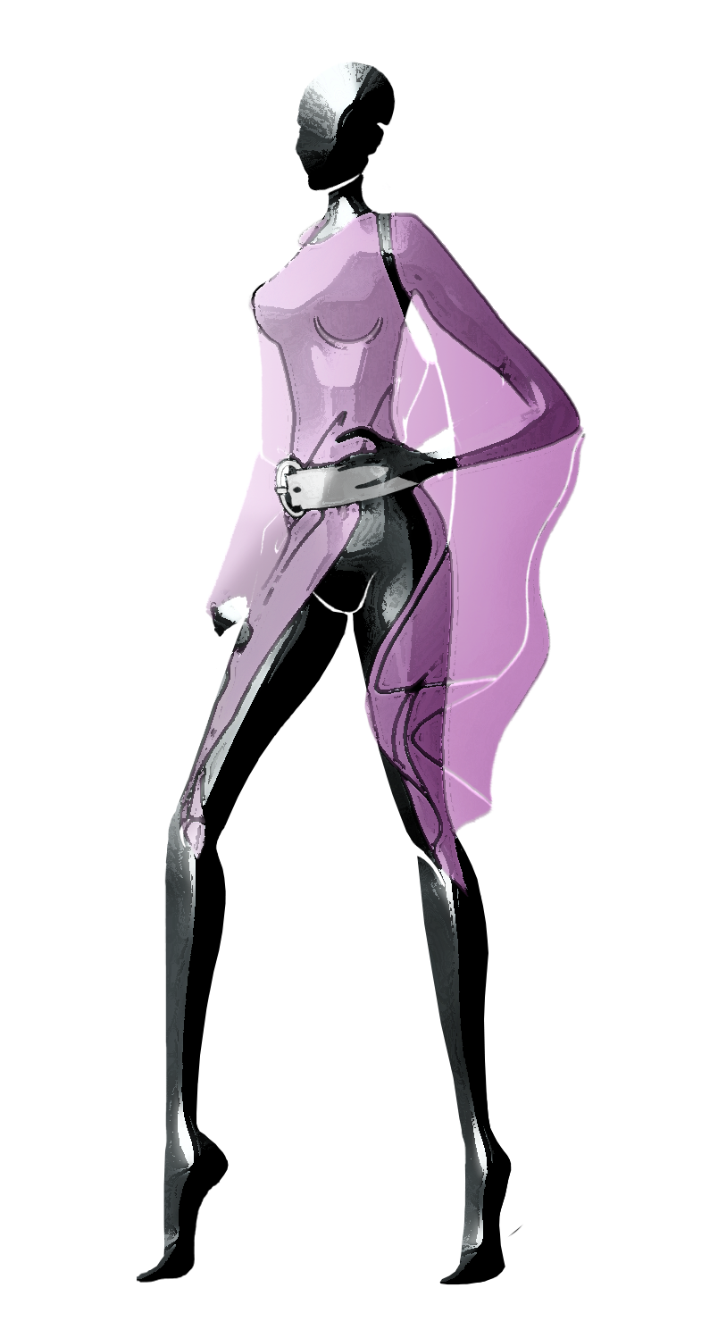 Sketch of highly stylized mannequin wearing a purple LuLuWrap belted,  demonstrating one of the many ways  to style it, on a white background