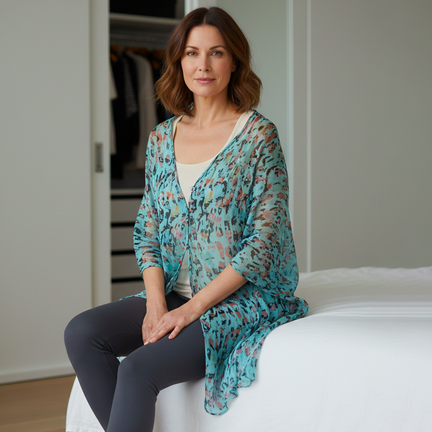 Woman sitting on a bed wearing a silk LuLuWrap.