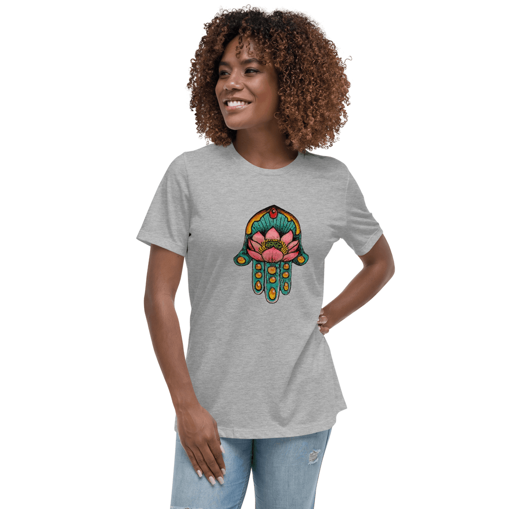 Women wearing heather grey T- shirt with multicolored Hamsa design on the front