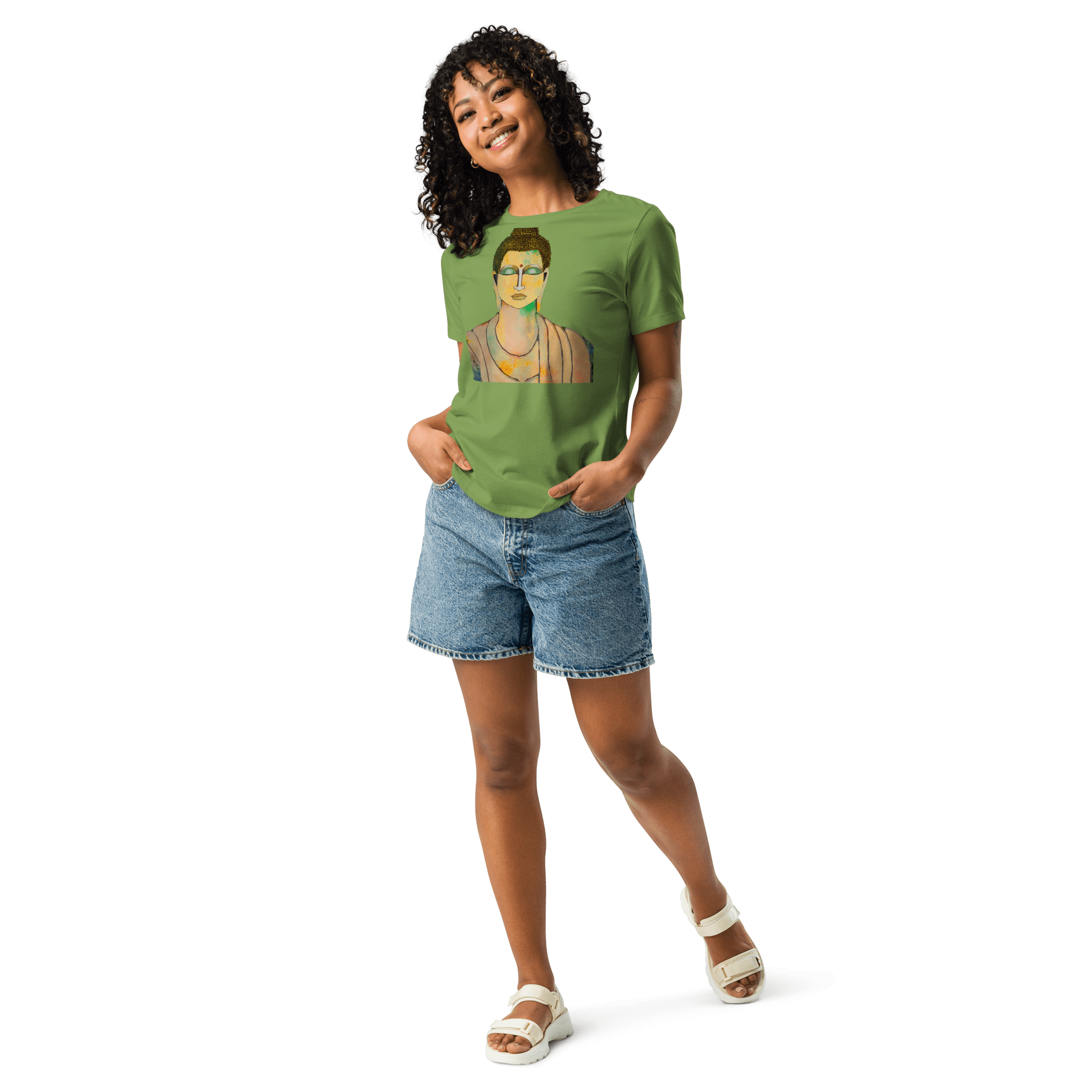 woman wearing Serenity Buddha Tee in green and jean shorts