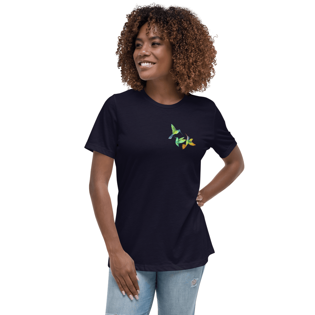 Woman wearing Hummingbird Tee in navy