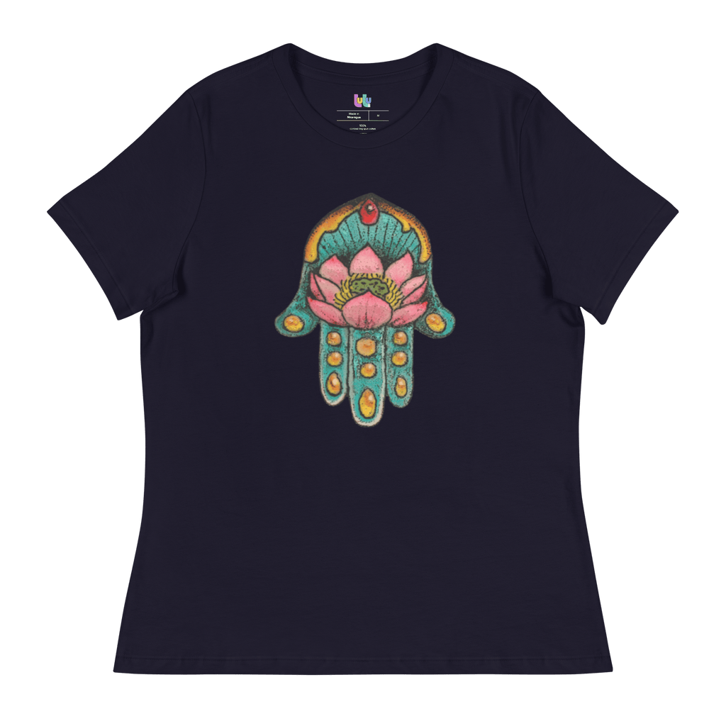 Navy T- shirt with multicolored Hamsa design on the front