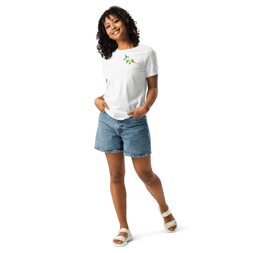 Woman wearing jean shorts and Hummingbird Tee in white