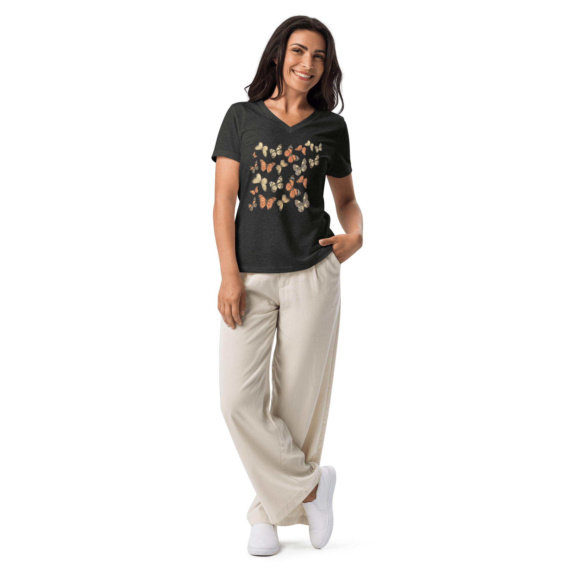 Woman wearing Mariposa Tee – Butterfly Graphic T-Shirt in black