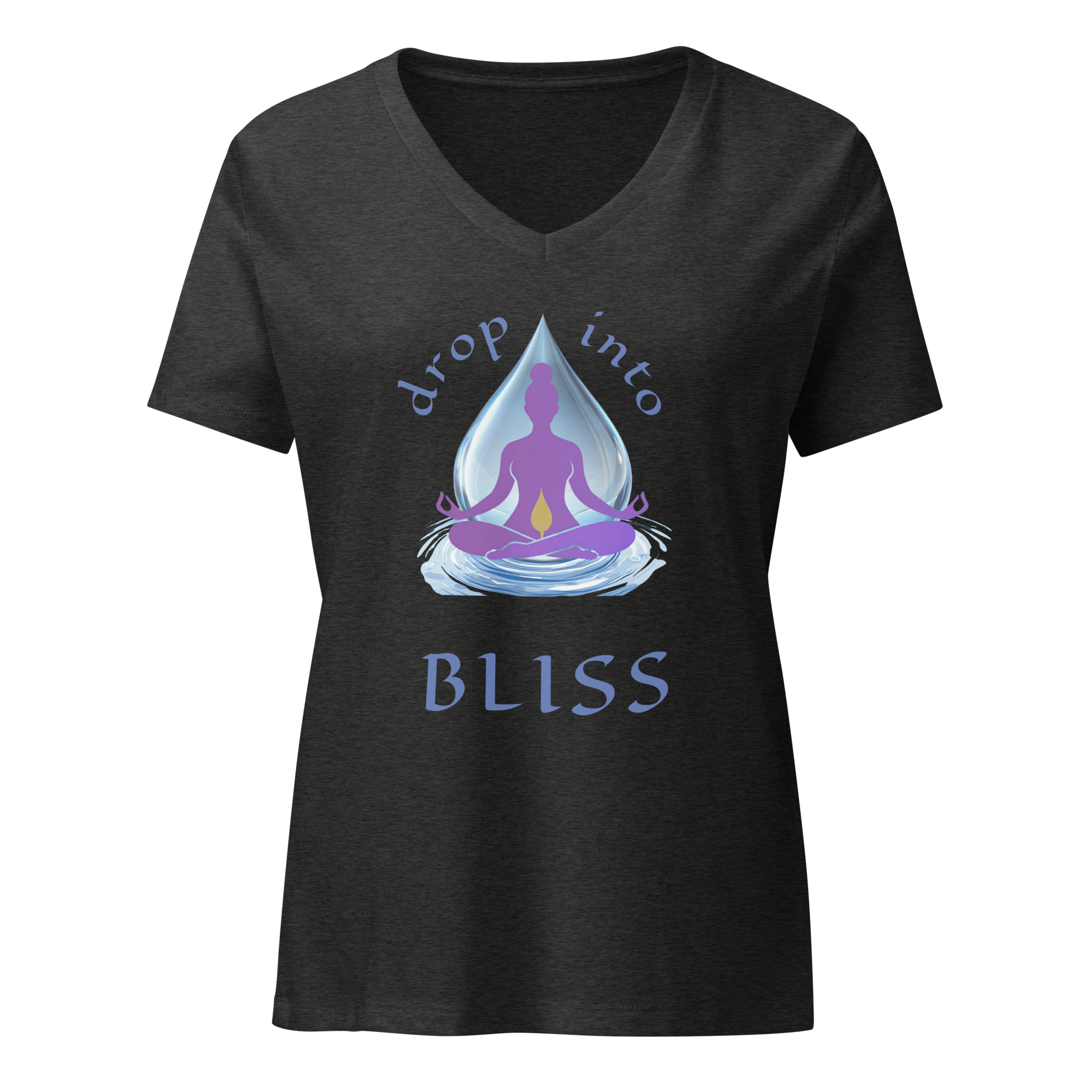 Bliss Calm women’s yoga t-shirt with meditating silhouette inside water droplet graphic in charcoal