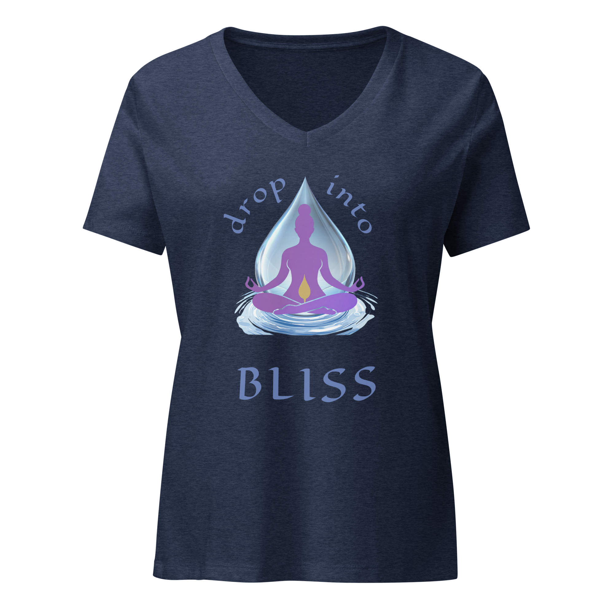 Bliss Calm women’s yoga t-shirt with meditating silhouette inside water droplet graphic in heather blue