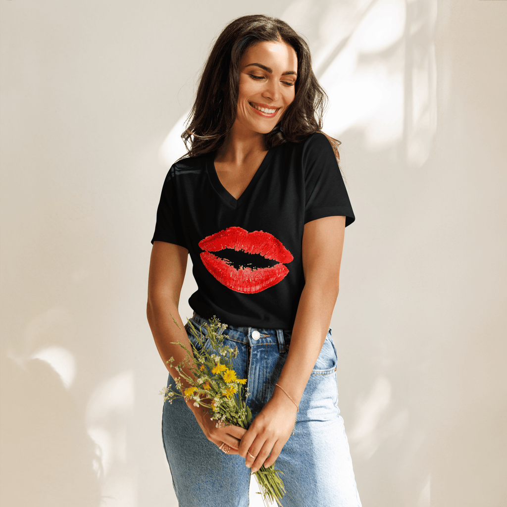 Woman hiding flowers, wearing Lipstick Kiss Tee in black