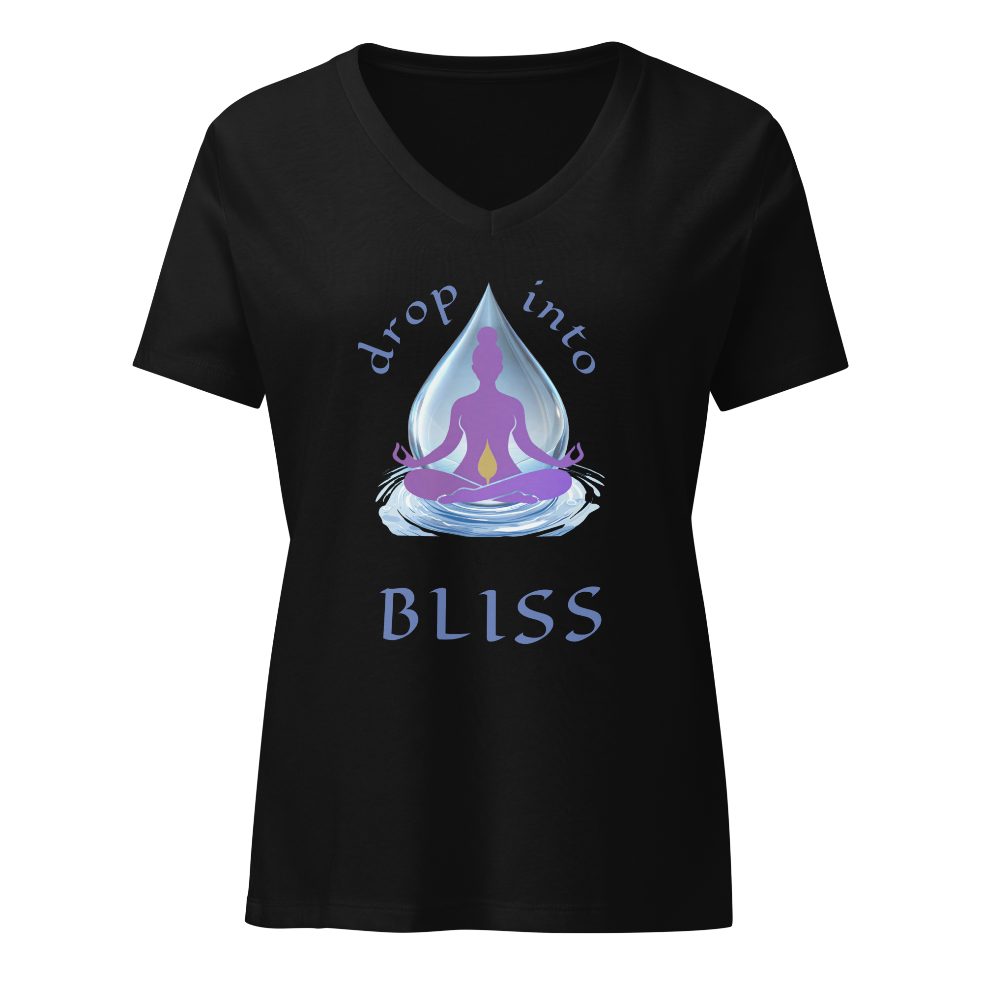 Bliss Calm women’s yoga t-shirt with meditating silhouette inside water droplet graphic in black