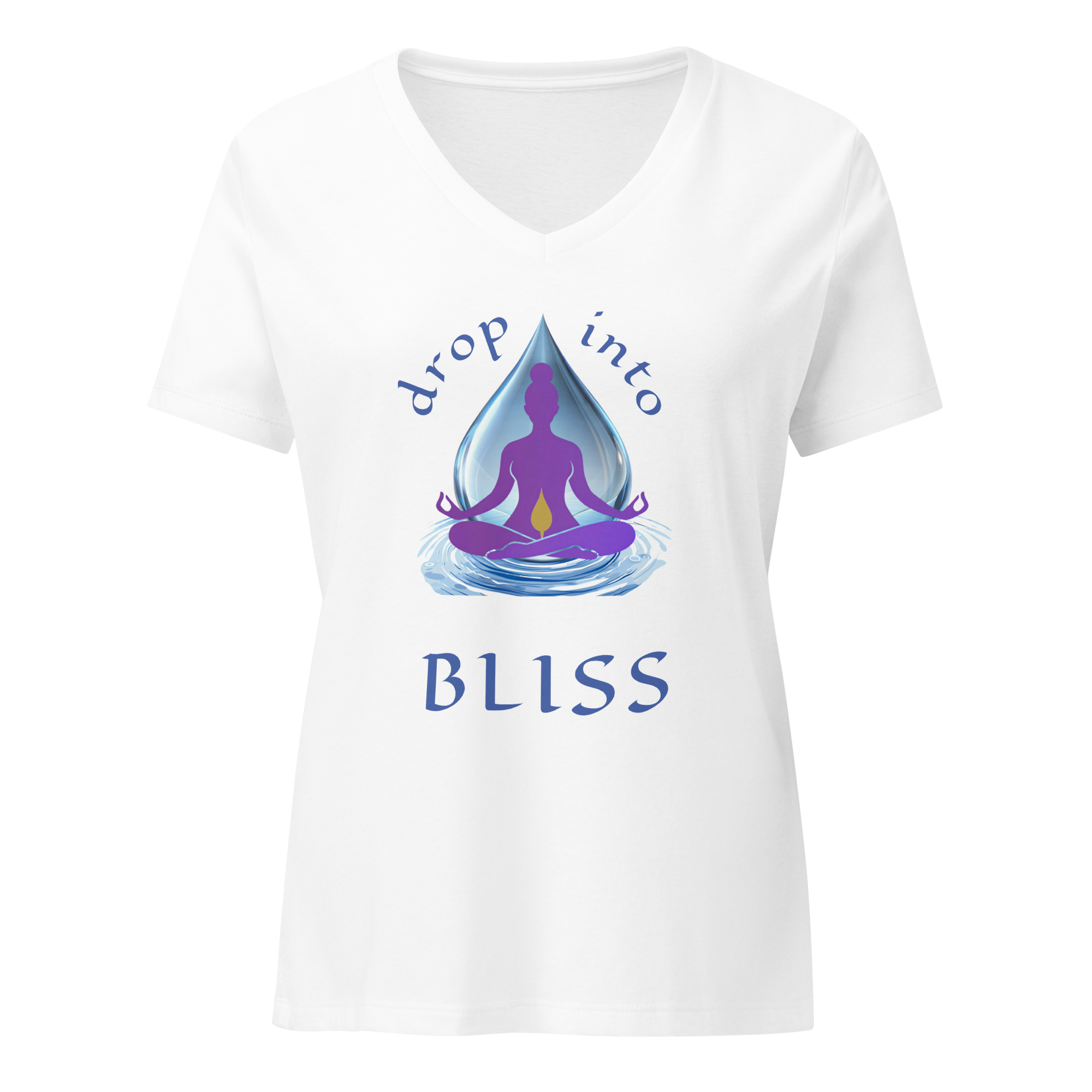 Bliss Calm women’s yoga t-shirt with meditating silhouette inside water droplet graphic in white