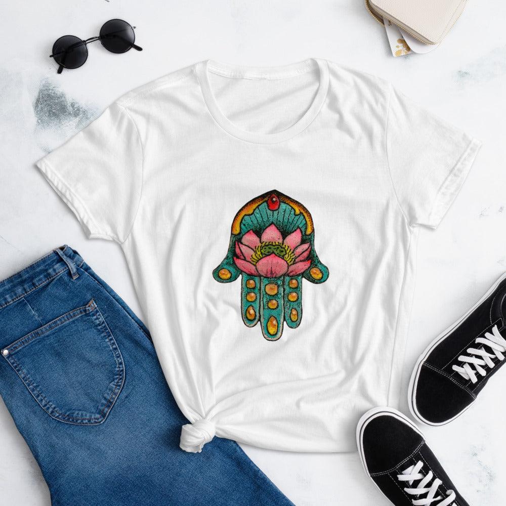 LuLuActive T'shirt in white with a hamsa design in multi-colors.