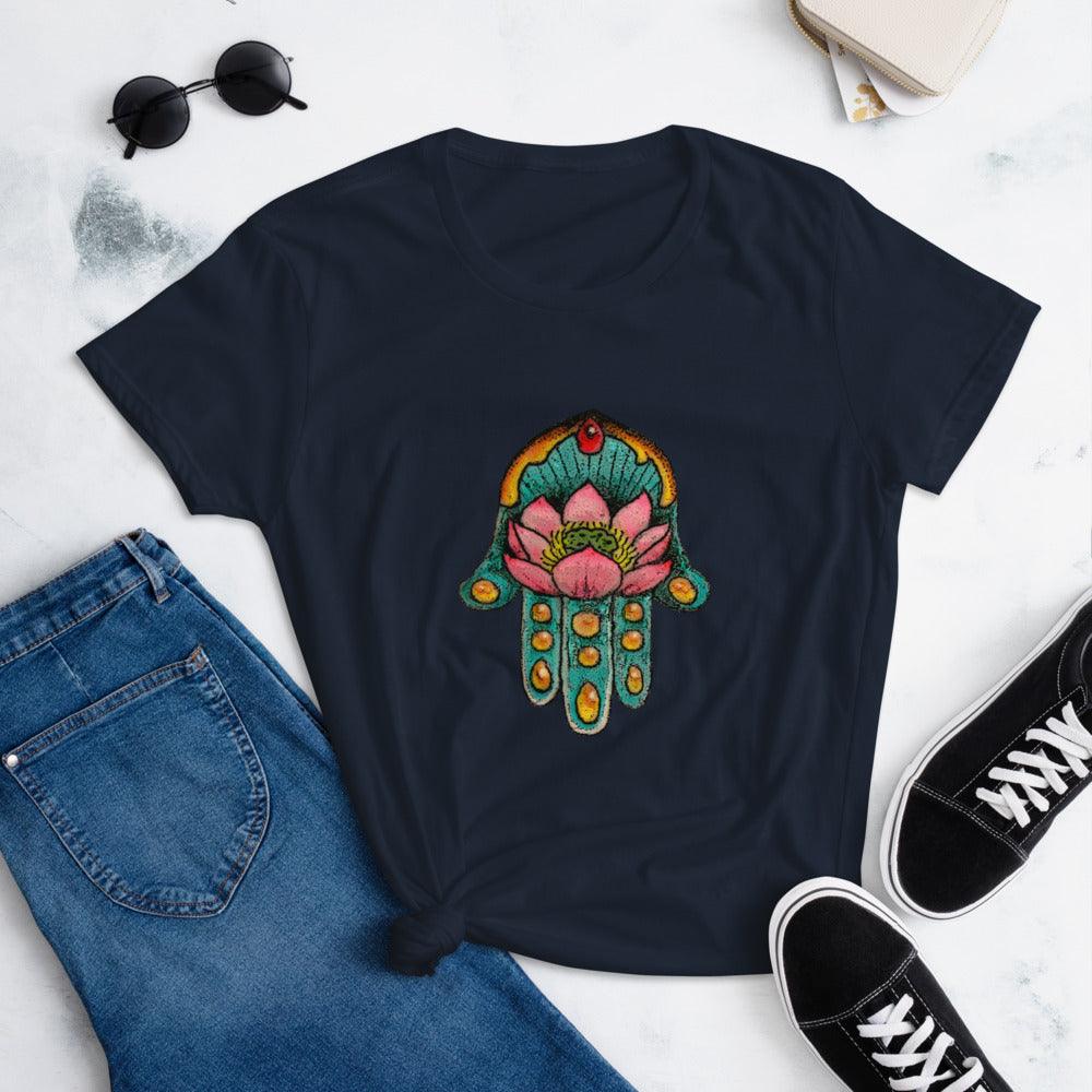 LuLuActive T'shirt in black with a hamsa design in multi-colors.