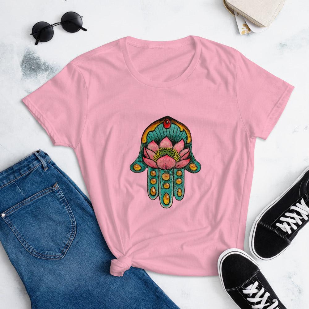 LuLuActive T'shirt in pink with a hamsa design in multi-colors.