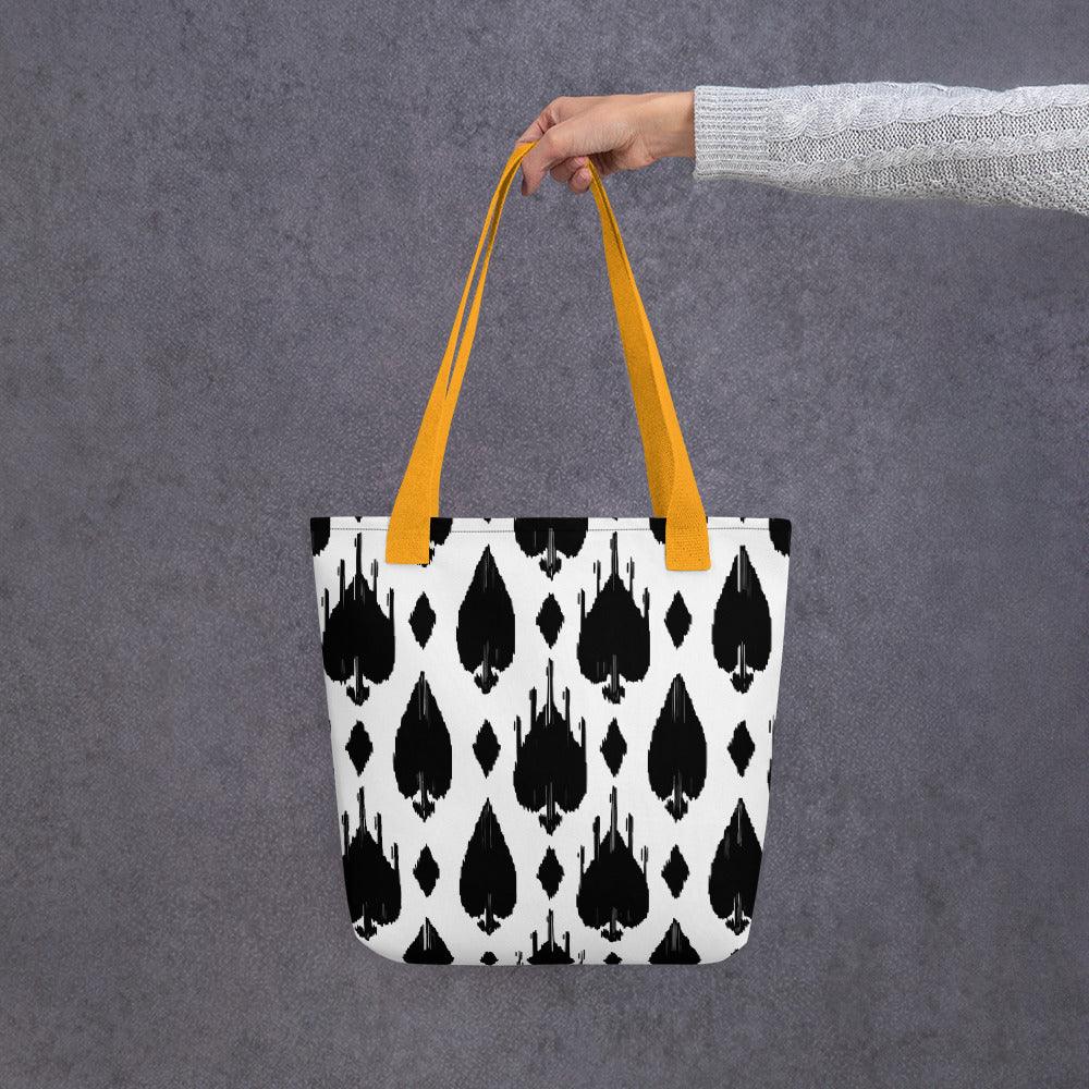 Black and white  ikat design Nomad tote yellow handles