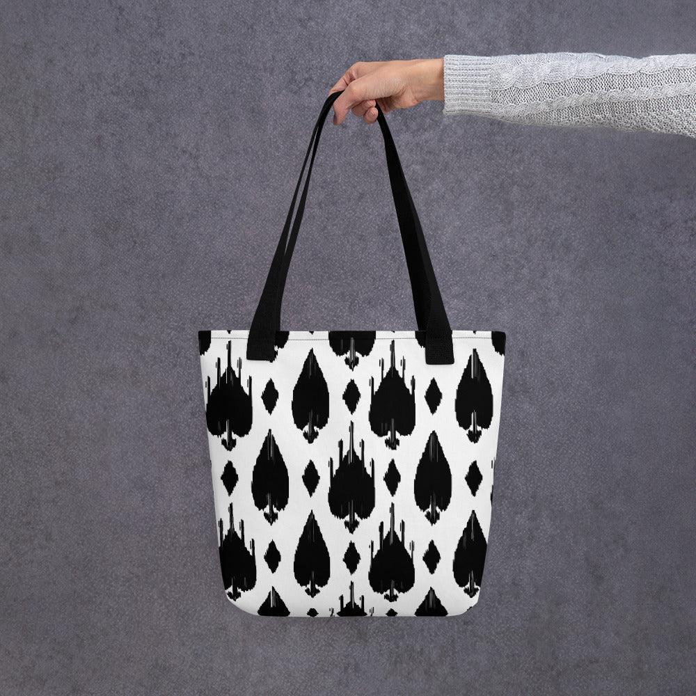 Nomad - LuLuWrap Tote Bag black and white Ikat design with black strap handles