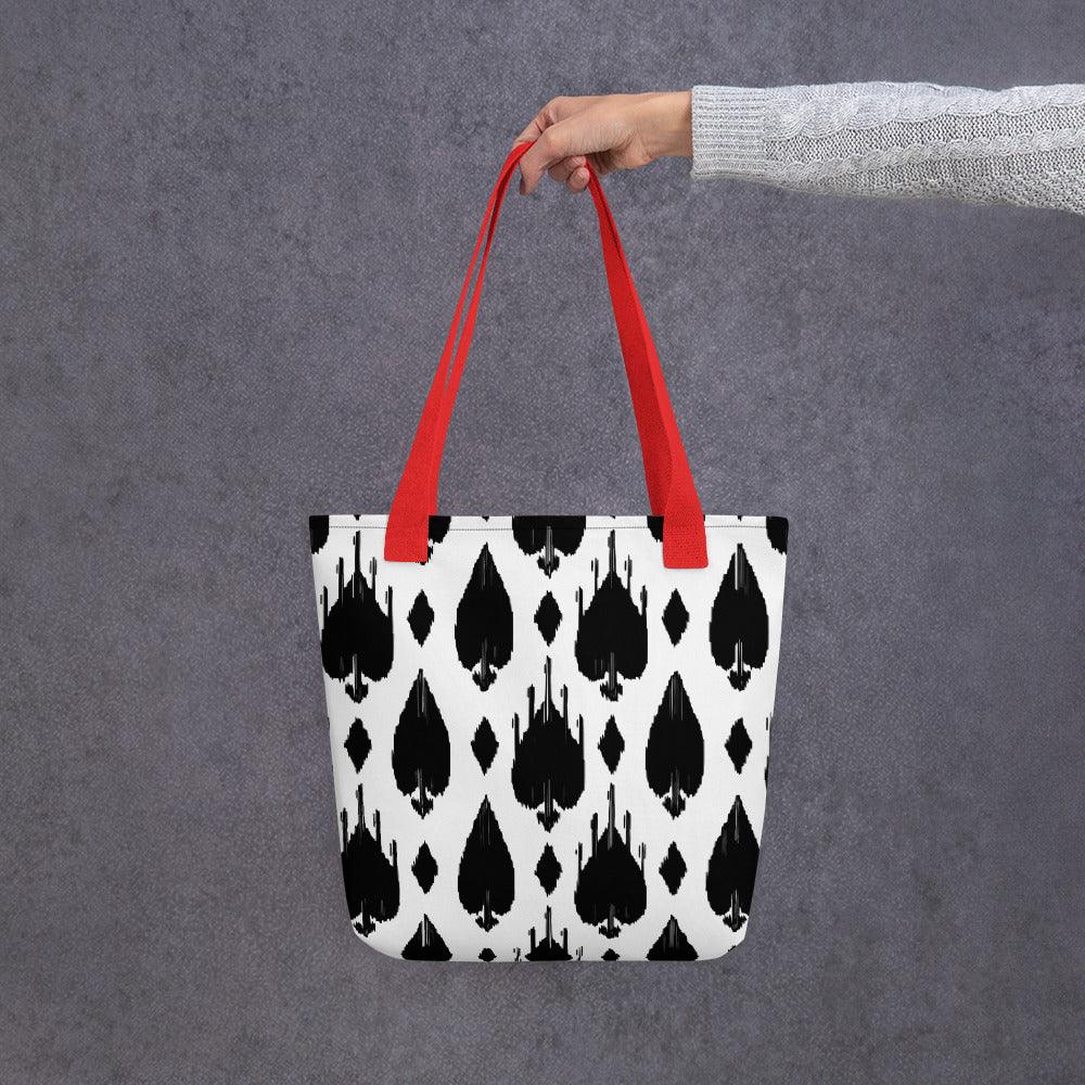 Nomad - LuLuWrap Tote Bag black and white Ikat design with red strap handles