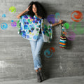 "Spirit" LuLuwrap design multi-colored intersecting circles worn with Enchantress style