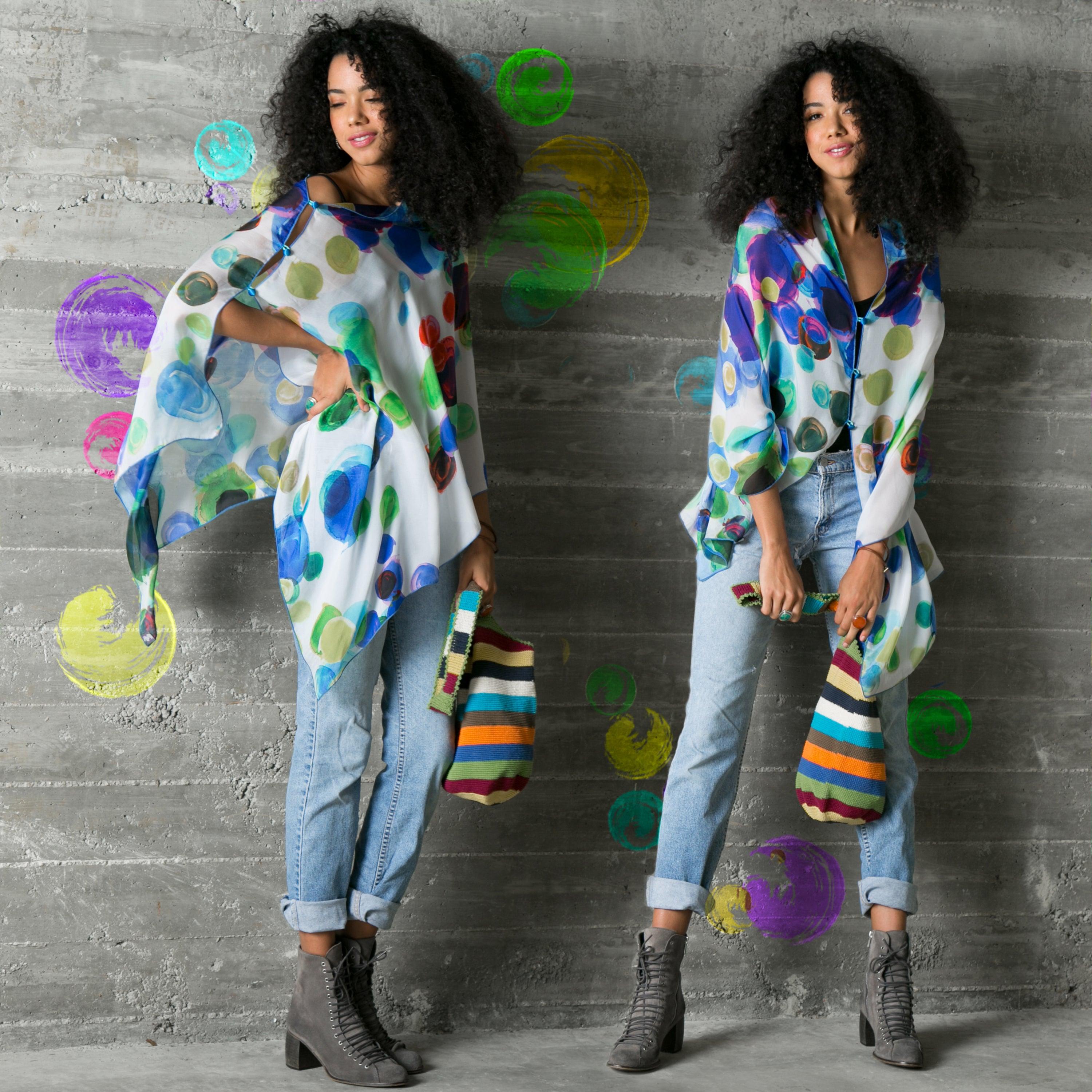 2 models wearing the LuLuwrap "spirit" design 2 different ways.