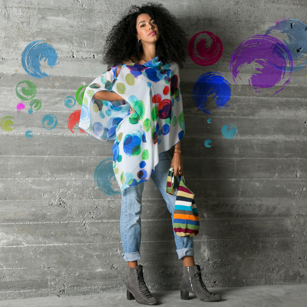 "Spirit" LuLuwrap design multi-colored intersecting circles worn with Entrepreneur style